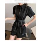 Short-sleeve Contrast Trim Zip-up Romper