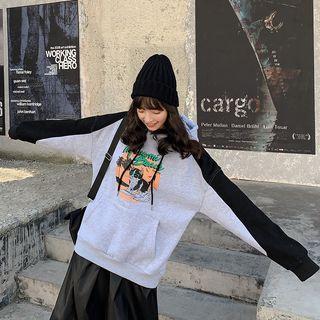 Contrast Trim Printed Hoodie As Shown In Figure - One Size