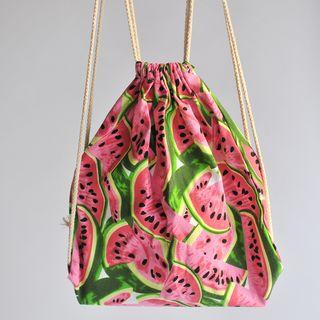 Watermelon Print Drawstring Canvas Backpack Watermelon Red - One Size
