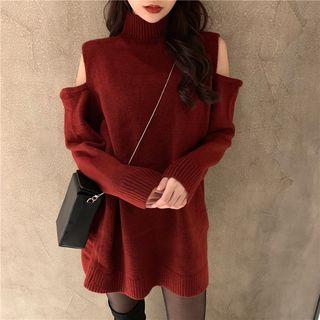 Cold-shoulder Mock-neck Long Sweater