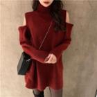 Cold-shoulder Mock-neck Long Sweater