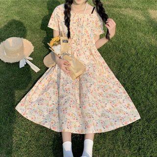 Square-neck Floral Midi A-line Dress Beige - One Size