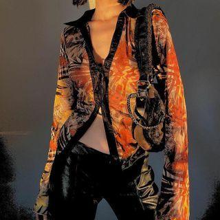 Print Long Sleeve Lace-up Shirt