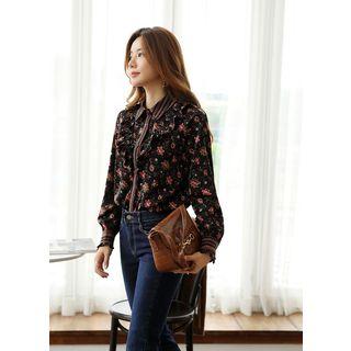 Pattern-trim Frilled Floral Blouse Black - One Size