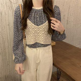 Puff-sleeve Floral Print Blouse / Crochet Lace Camisole Top