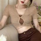 Set : Plain Cropped Camisole Top + Short-sleeve V-neck Cutout T-shirt Coffee - One Size