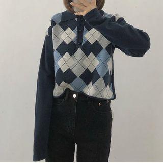 Polo-neck Argyle Sweater