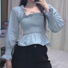 Puff-sleeve Square Neck Smocked-waist Ruched Crop Top