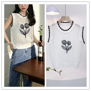 Crew Neck Tulip Embroidered Contrast Trim Knit Vest