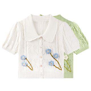 Short-sleeve Collar Flower Detail Knit Top