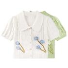 Short-sleeve Collar Flower Detail Knit Top