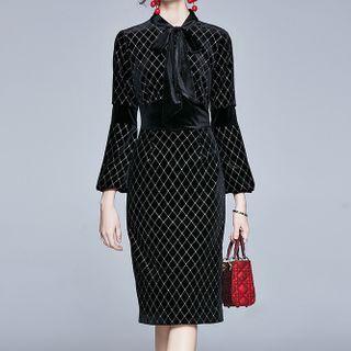 Puff-sleeve Argyle Print A-line Dress