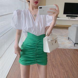 Puff-sleeve V-neck Blouse / Shirred Mini Pencil Skirt