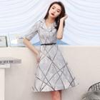 Short-sleeve Patterned A-line Evening Dress