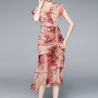 Cap-sleeve Asymmetrical Floral Print Midi Sheath Dress