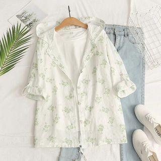 Long-sleeve Print Hooded Shirt White - One Size