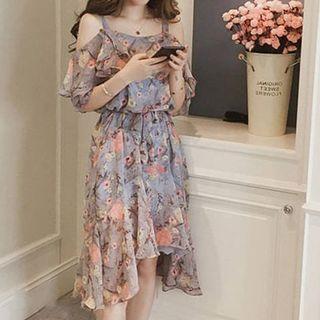 Cold-shoulder Floral Smock Dress