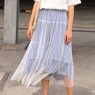 Sheer Panel Plaid A-line Midi Skirt
