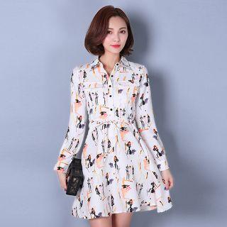 Long-sleeve Printed Tie-waist Dress