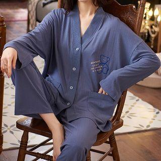 Loungewear Set : Long-sleeve Bear Print Shirt + Pants