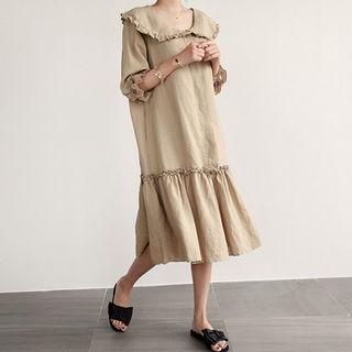 Capelet Frill-trim Linen Midi Shirtdress