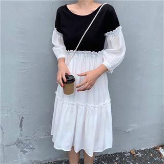 Color Block 3/4-sleeve A-line Dress 2076 - Elbow Sleeve Dress - One Size
