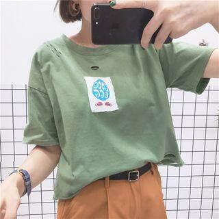 Label Applique Short-sleeve Ripped T-shirt