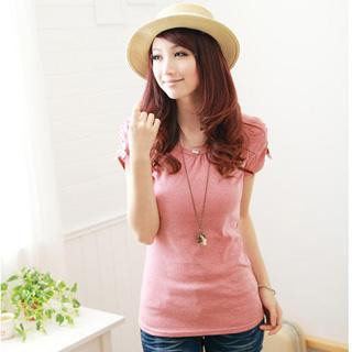 Puff-Sleeve Scoop Neck Tee Dark Pink - One Size
