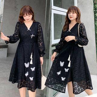 Puff-sleeve Butterfly Embroidered A-line Lace Dress