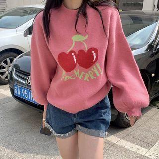 Cherry Embroidered Round-neck Knit Top Pink - One Size