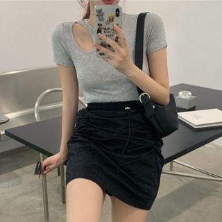 Plain Cut-out Top/ Drawstring Ruched Skirt