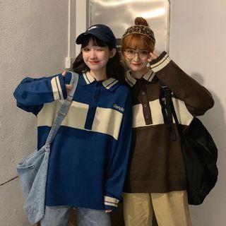 Long-sleeve Color Block Embroidered Polo Neck Knit Top