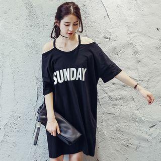Lettering Cut Out Shoulder Elbow Sleeve T-shirt Dress