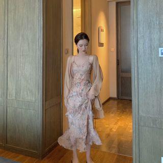 Spaghetti Strap Floral Print Midi A-line Dress / Open Front Jacket