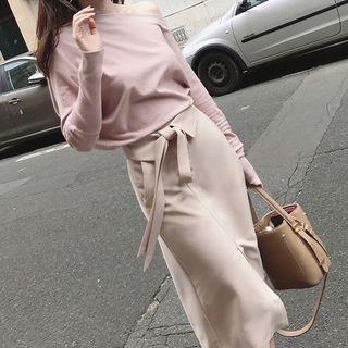 Set: One-shoulder Sweater + Tie-waist Midi A-line Skirt