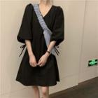 V-neck Elbow-sleeve Plain Dress