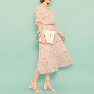 Frill-sleeve Floral Print Chiffon Dress