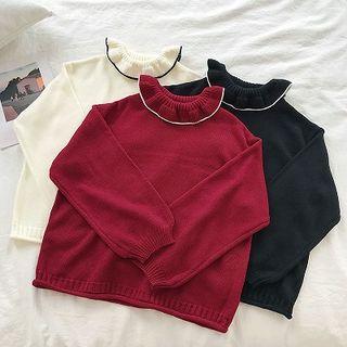 Color-block Ruffled-collar Puff-sleeve Knit Sweater