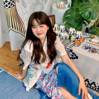 Print Shirt / Floral Panel Midi A-line Skirt