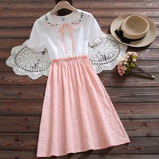 Short-sleeve Embroidered Collar A-line Midi Dress