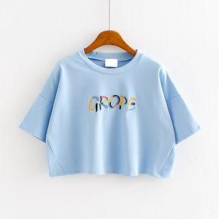 Lettering Embroidered Short-sleeve Cropped T-shirt