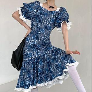Puff-sleeve Floral Plaid Midi A-line Dress