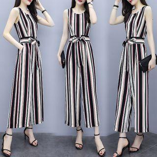 Striped Sleeveless Wide-leg Chiffon Jumper Pants