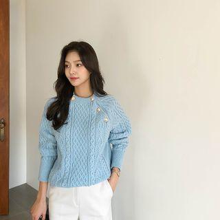 Metallic-button Trim Cable Sweater
