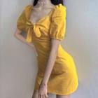 Short-sleeve Knot-front A-line Dress Yellow - One Size