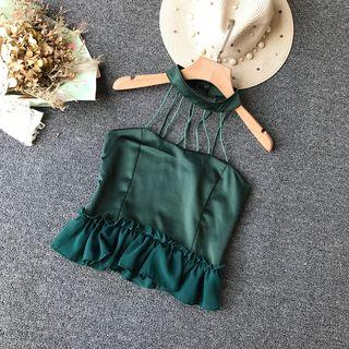 Cut-out Detail Chiffon Panel Halter Tank Top
