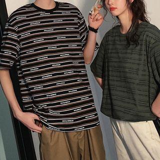 Couple Matching Short-sleeve Lettering Striped T-shirt