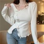 Long-sleeve Bow-accent Frill Trim Fitted Top
