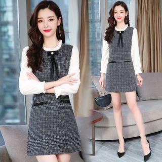 Mock Two-piece 3/4-sleeve Mini Tweed Dress