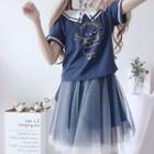 Print Sailor Collar Short-sleeve Top / Mesh Suspender Mini Skirt